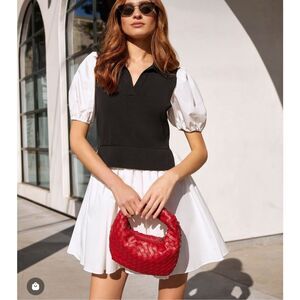 English Factory Dress Small Black White Mixed Mini Puff Sleeve Twofer Layered S